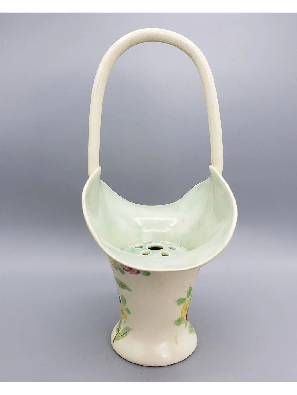 VTG E. Radford Pottery Flower Basket with Frog Hand Painted England Ceramic Vase